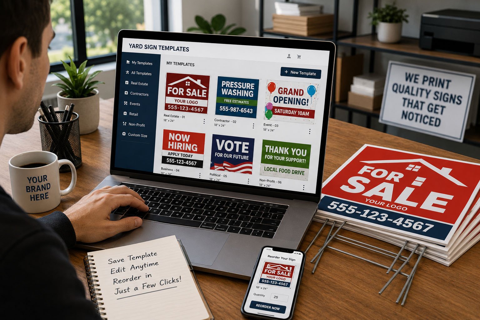 Reusable custom yard sign templates for real estate, contractors, online print stores, and repeat bulk yard sign orders