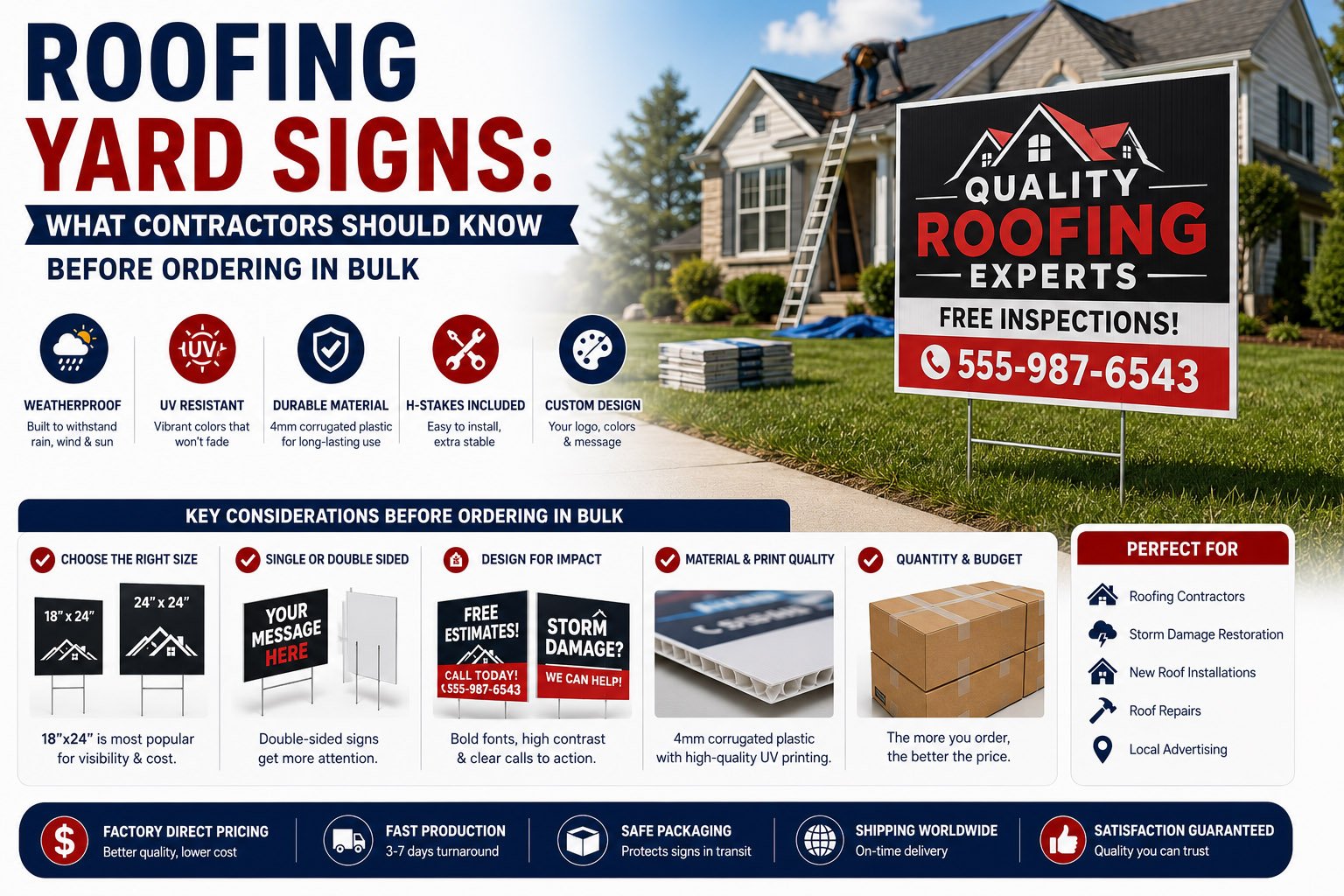 Custom roofing yard sign installed on a lawn with H-stakes for contractor advertising