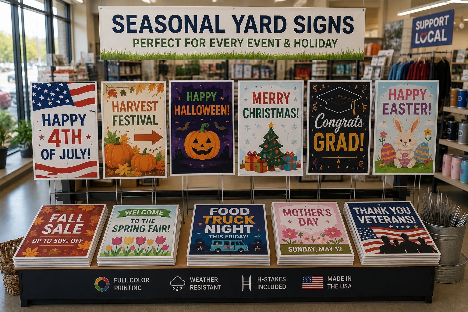 Seasonal custom yard signs for retailers selling holiday signs, event signs, school signs, and local celebration signs