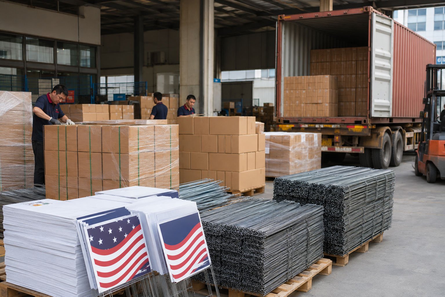 Bulk custom yard signs packed in cartons with H-stakes for shipping from China to the USA