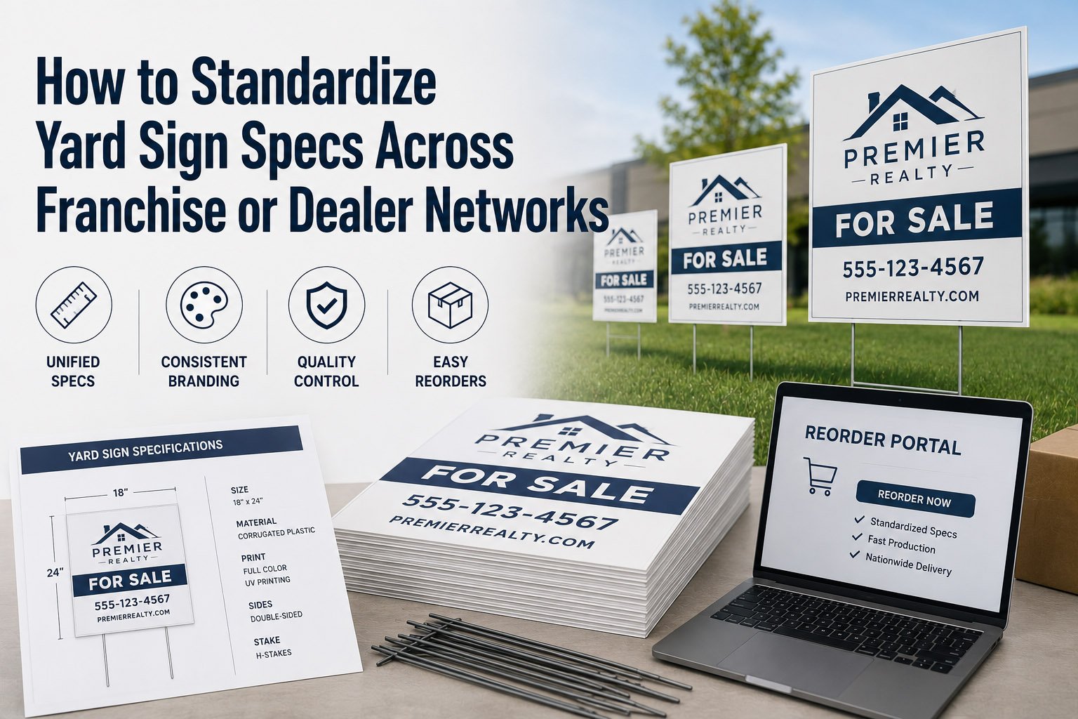 Standardized custom yard signs produced for franchise and dealer networks with consistent branding and H-stakes