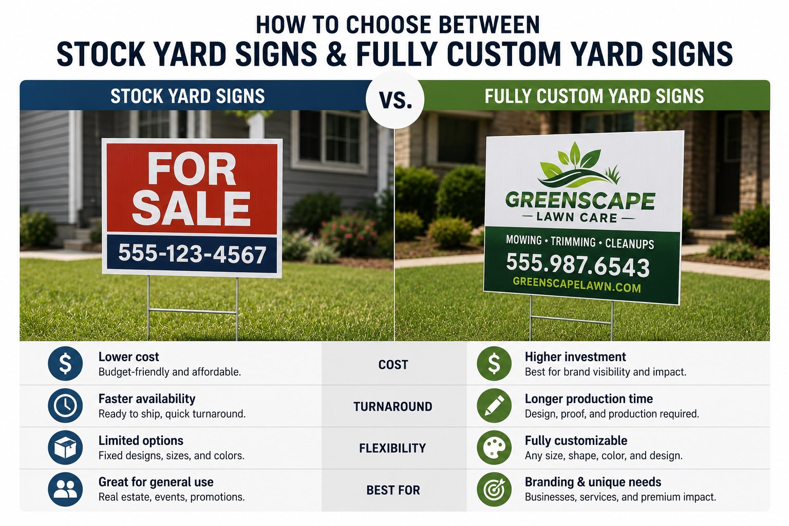 Stock yard signs and fully custom yard signs compared for bulk buyers retail sellers and ecommerce orders