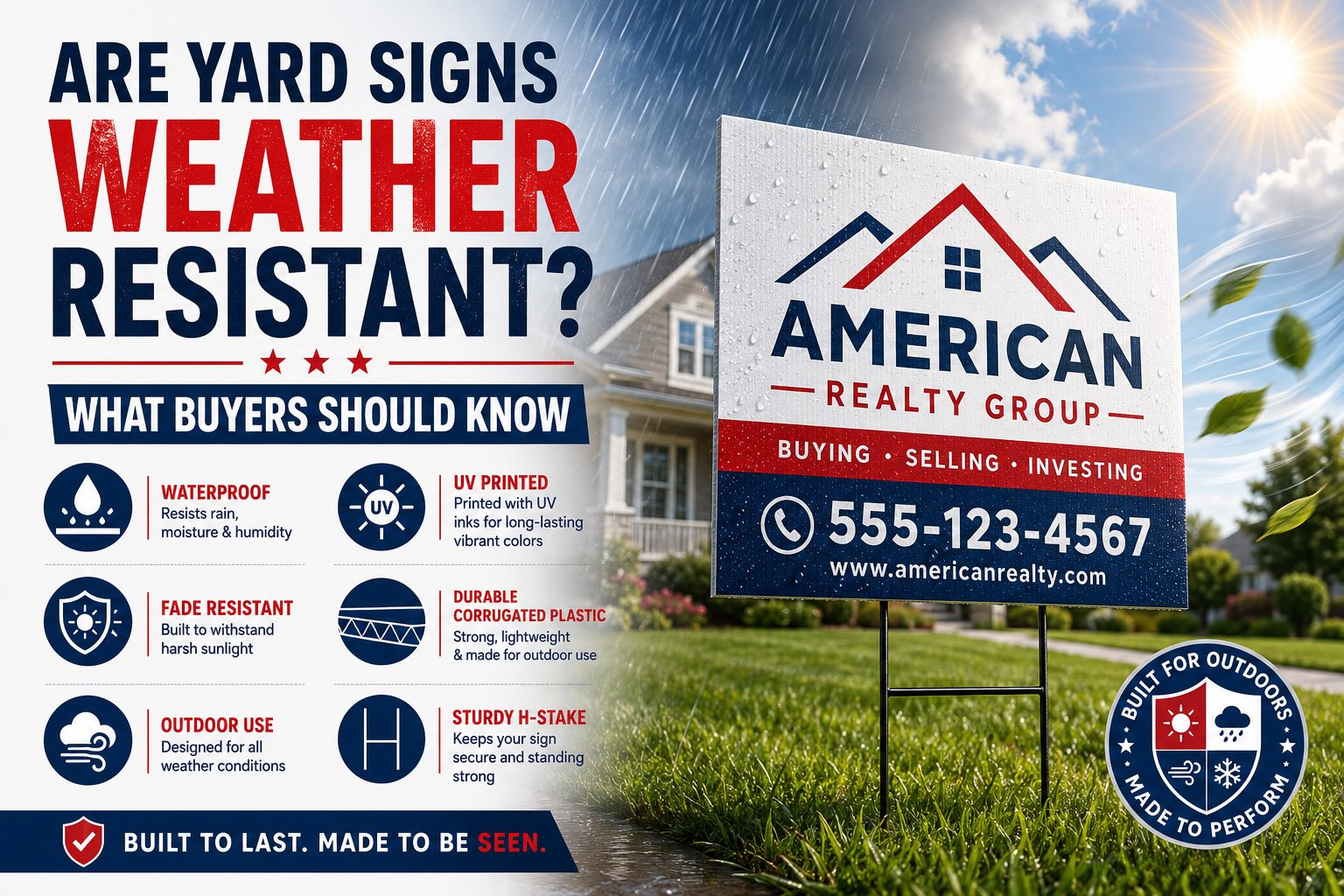 weather resistant coroplast yard signs installed outdoors with stakes