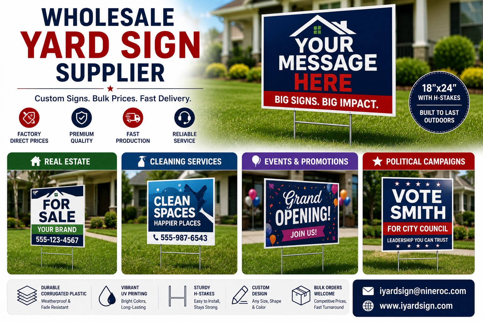 wholesale yard sign supplier producing bulk custom signs for real estate cleaning events and campaigns