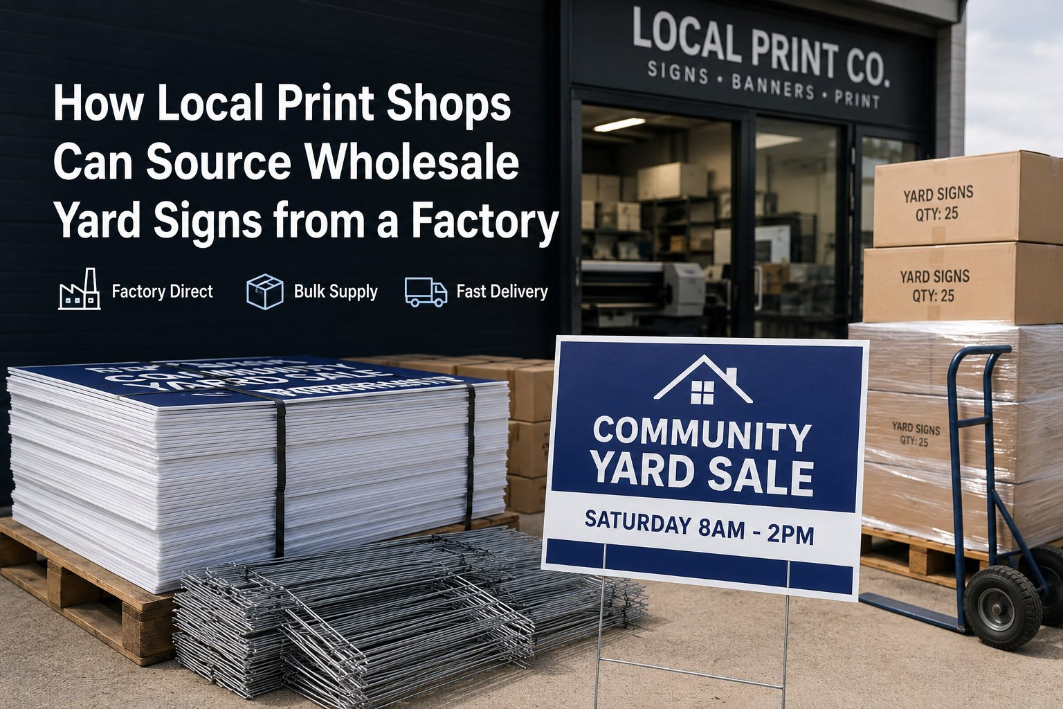 Wholesale custom yard signs prepared for local print shops with corrugated plastic signs and H-stakes