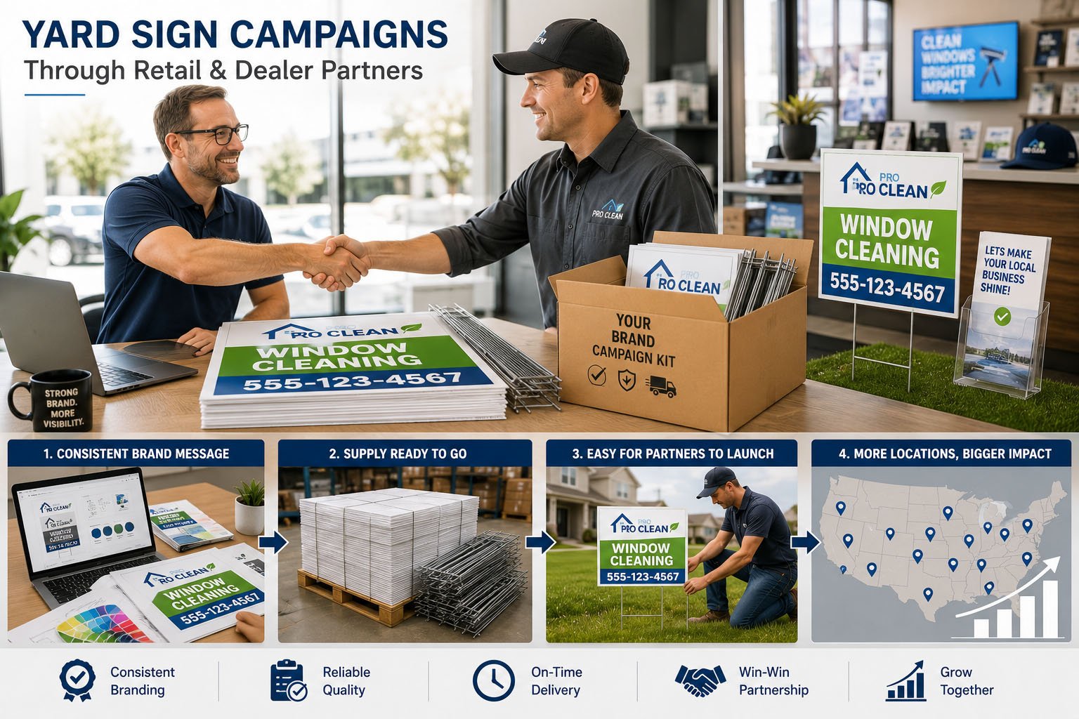 Branded yard signs prepared for retail stores dealer partners and local campaign distribution