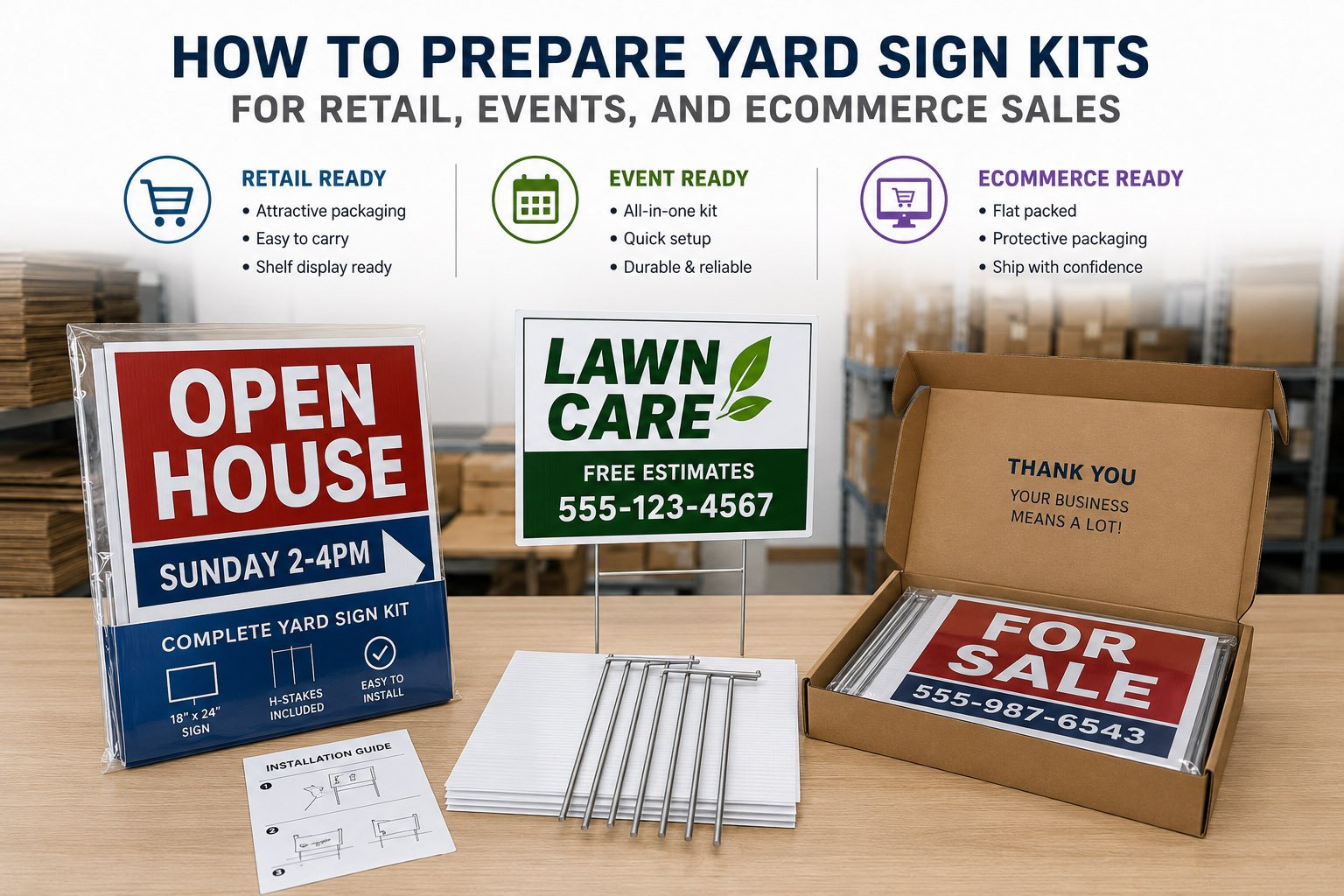 Custom yard sign kits with corrugated plastic signs H-stakes and organized packaging for ecommerce and event sales