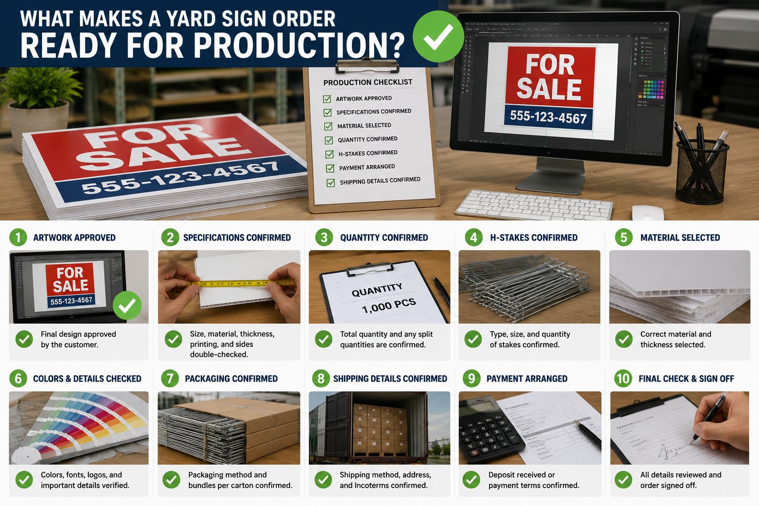 Production-ready checklist for bulk custom yard signs with artwork material H-stakes packaging and approval details