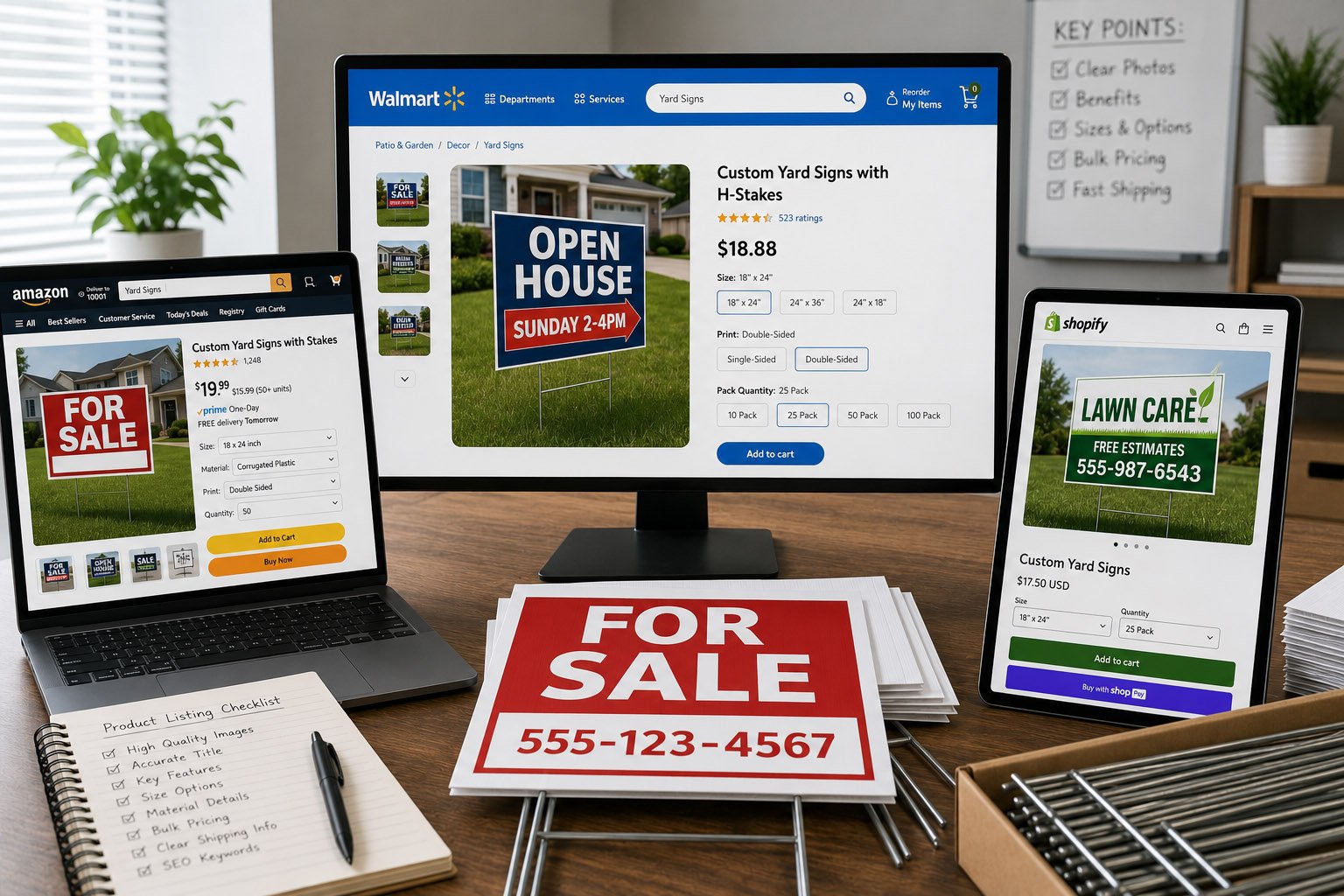 Custom yard signs with H-stakes prepared for Amazon Walmart and Shopify product listings