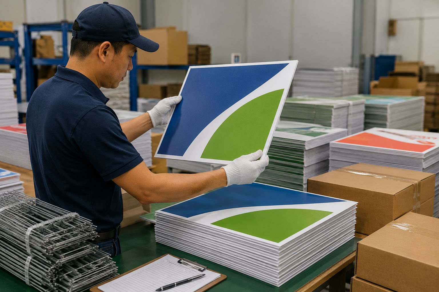 Quality check for bulk custom yard signs before shipment including print clarity H-stakes packaging and cartons
