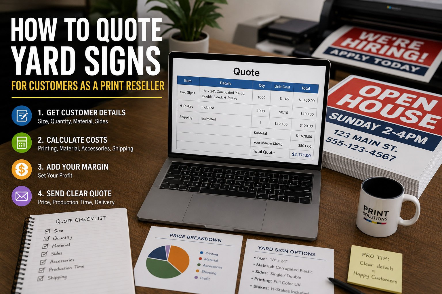 Print reseller preparing a quote for bulk custom yard signs with H-stakes packaging and artwork details