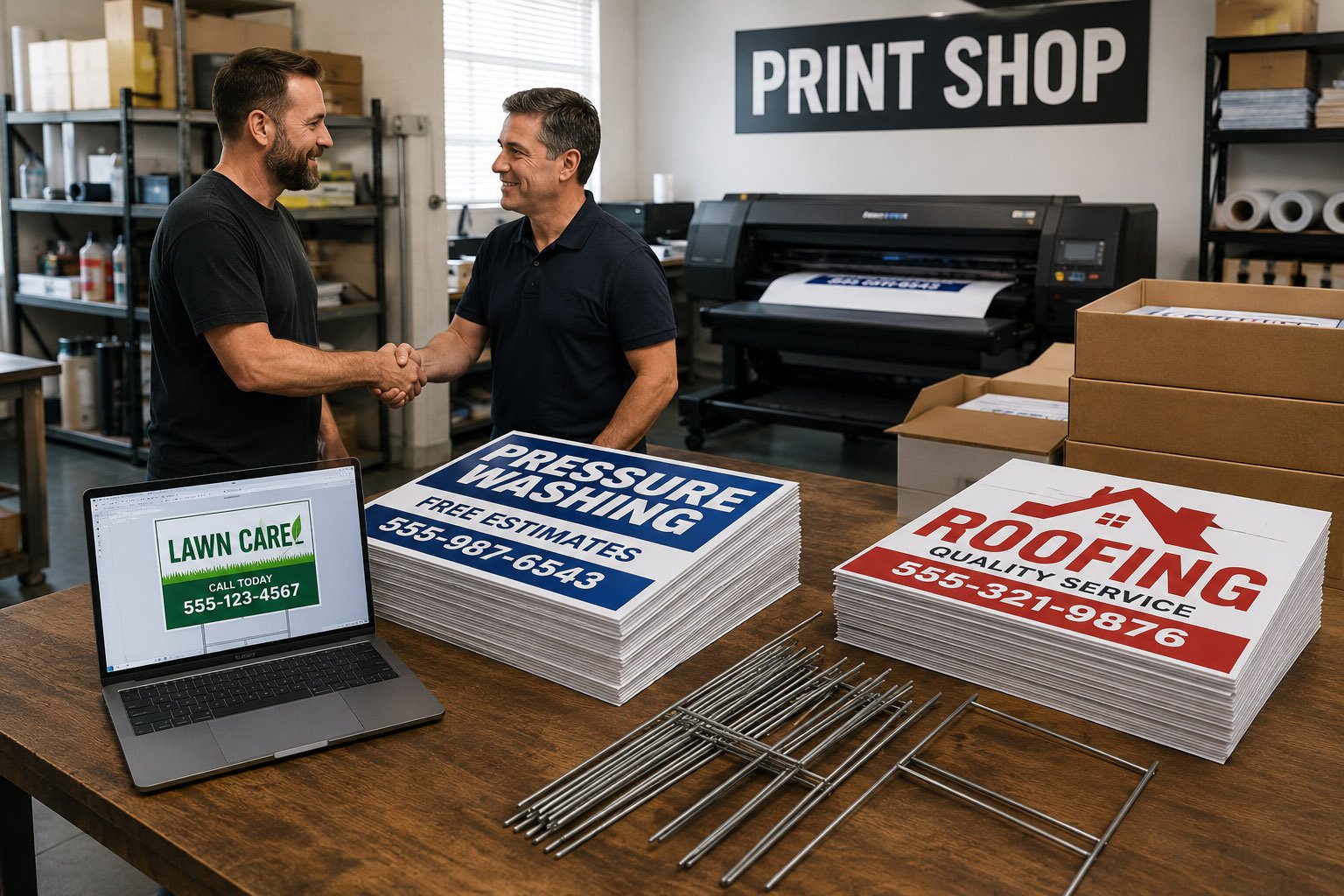 Bulk custom yard signs prepared for print shops building a resale program with a factory partner