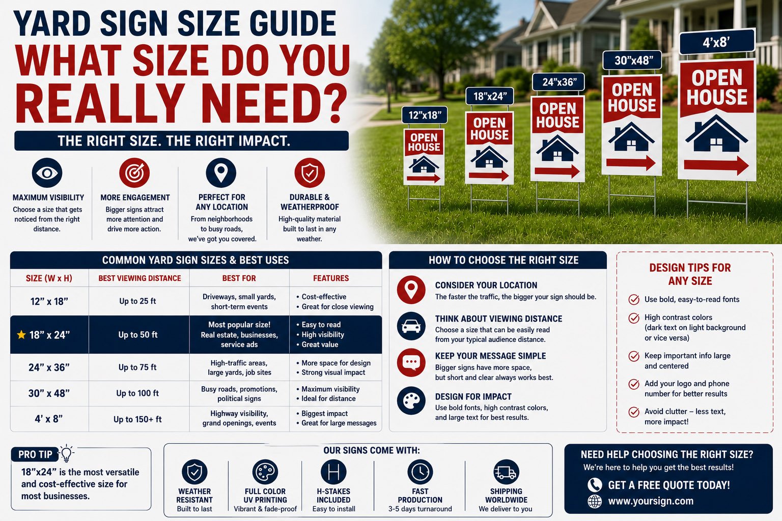 yard sign size guide comparing 18x24 24x18 and 24x36 signs