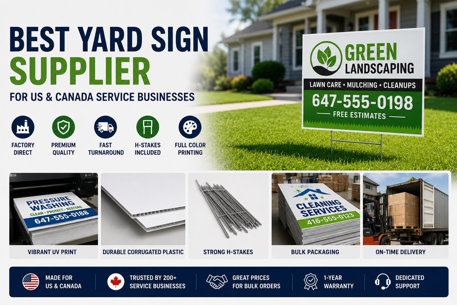 Bulk custom yard signs with H-stakes supplied for US and Canada service businesses