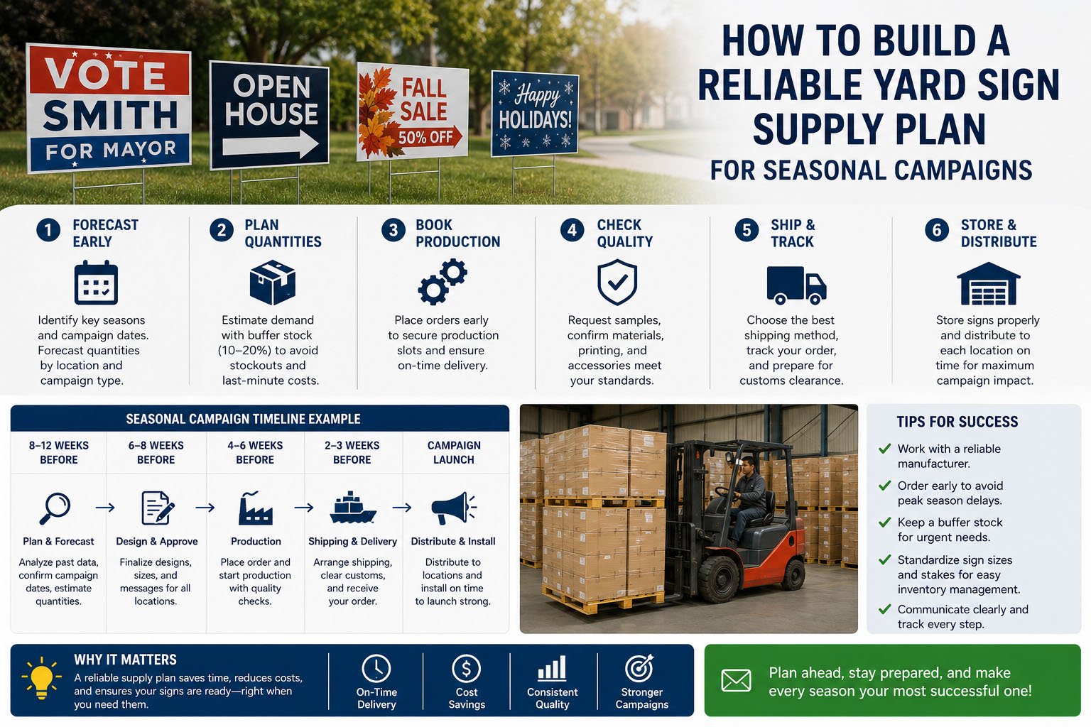 Seasonal yard sign supply plan with custom printed signs, H-stakes, artwork, production timing, shipping, and reorder planning