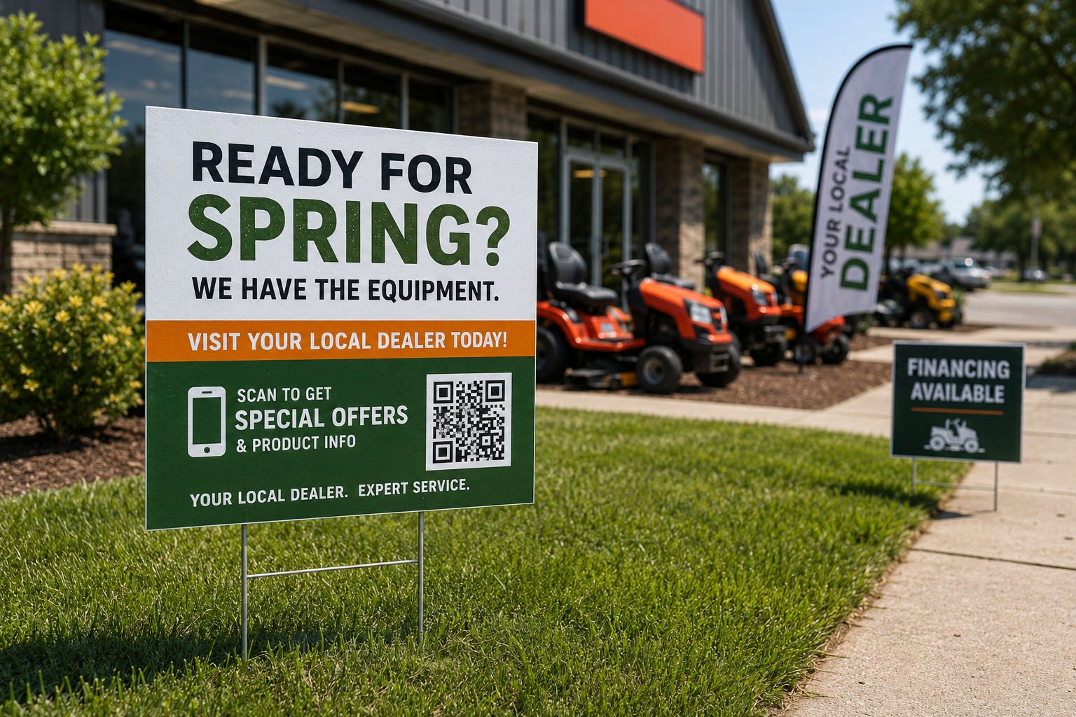 Branded yard signs used by dealer partners for local lead generation with QR codes and H-stakes