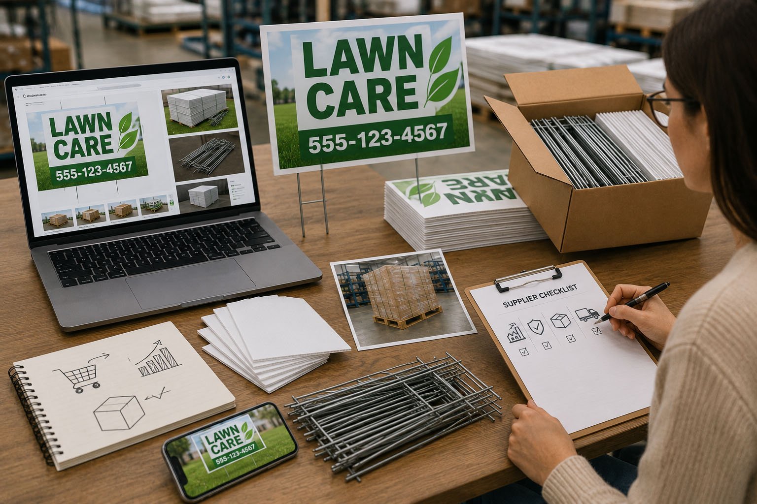 Ecommerce seller organizing custom yard signs with H-stakes SKUs packaging and inventory labels
