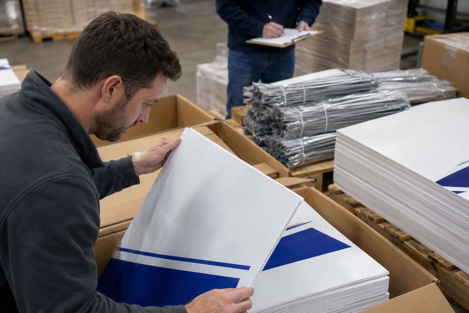 Warehouse team inspecting delivered custom yard signs, cartons, quantities, print quality, and H-stakes