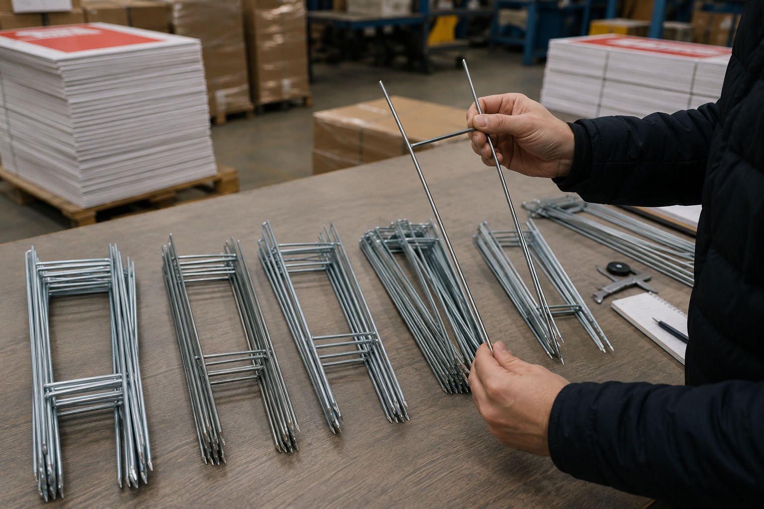 H-stakes inserted into corrugated plastic yard signs for outdoor installation