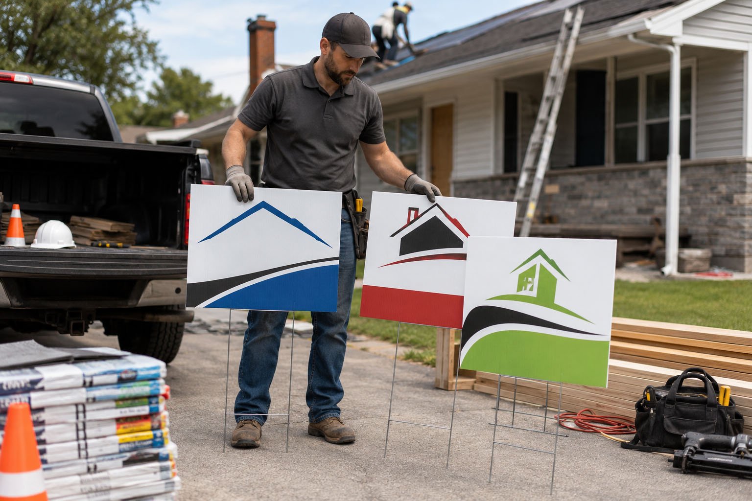 Custom contractor yard signs for roofing, cleaning, lawn care, and pressure washing job sites