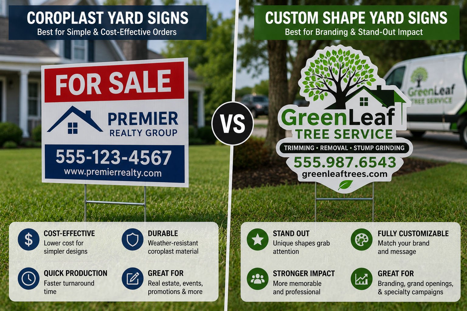 Standard rectangular coroplast yard sign and custom shape yard sign with H-stakes