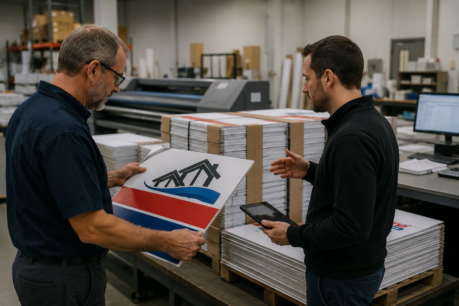 Corrugated plastic yard signs being produced and packed for a local print shop order