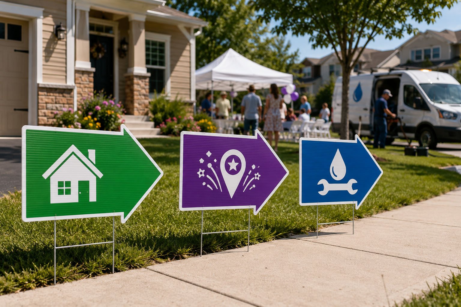 Custom corrugated plastic directional arrow yard signs with H-stakes