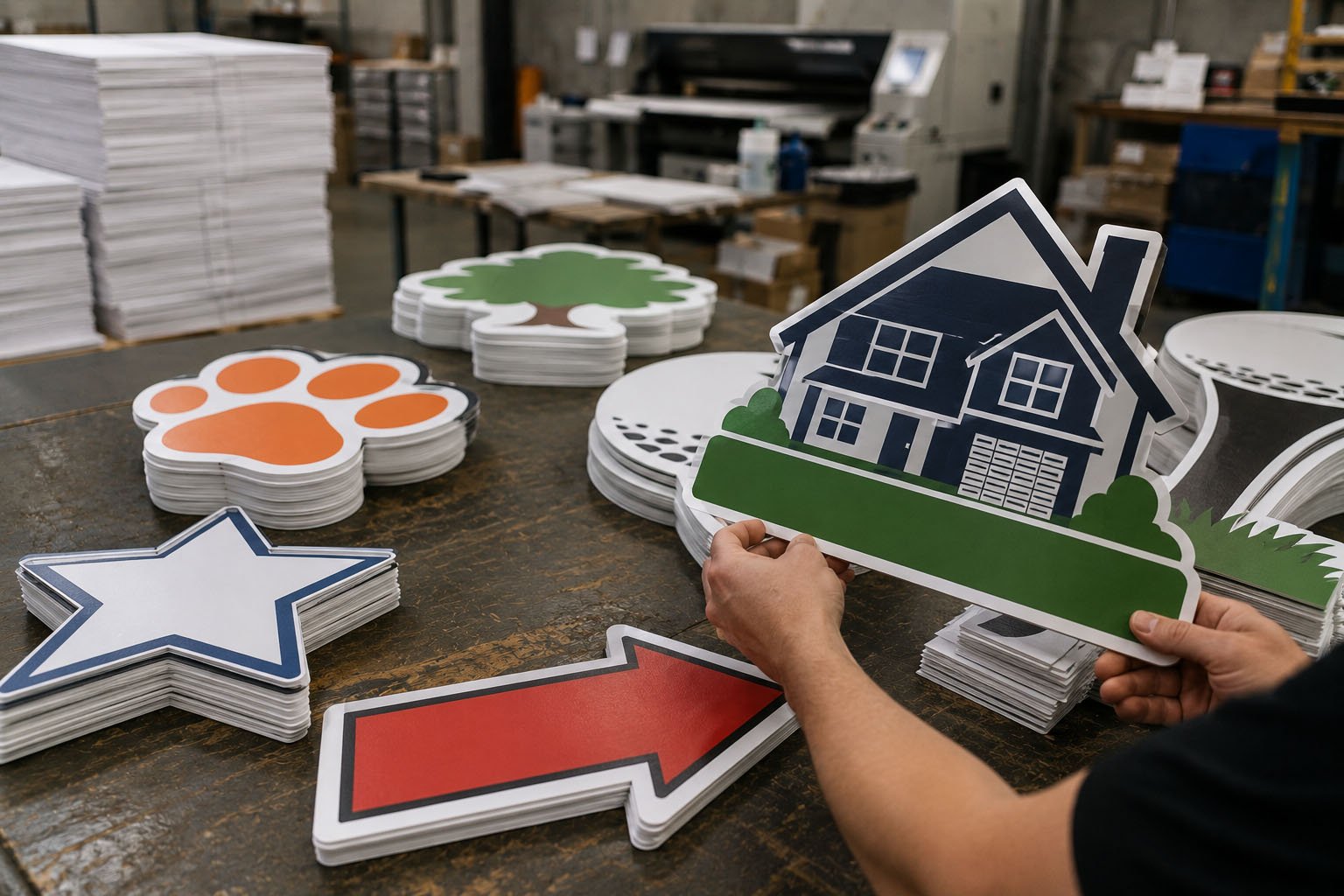 Custom-shaped corrugated plastic yard signs prepared for bulk outdoor installation