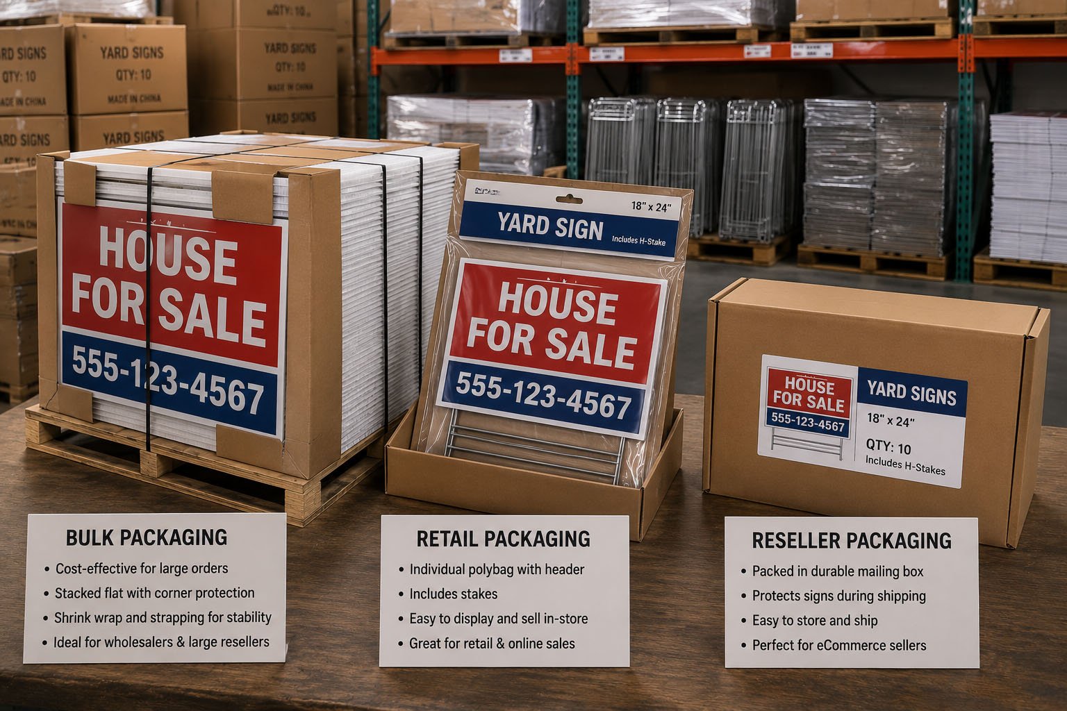 Cartons of custom yard signs and H-stakes prepared for ecommerce fulfillment and reseller shipping