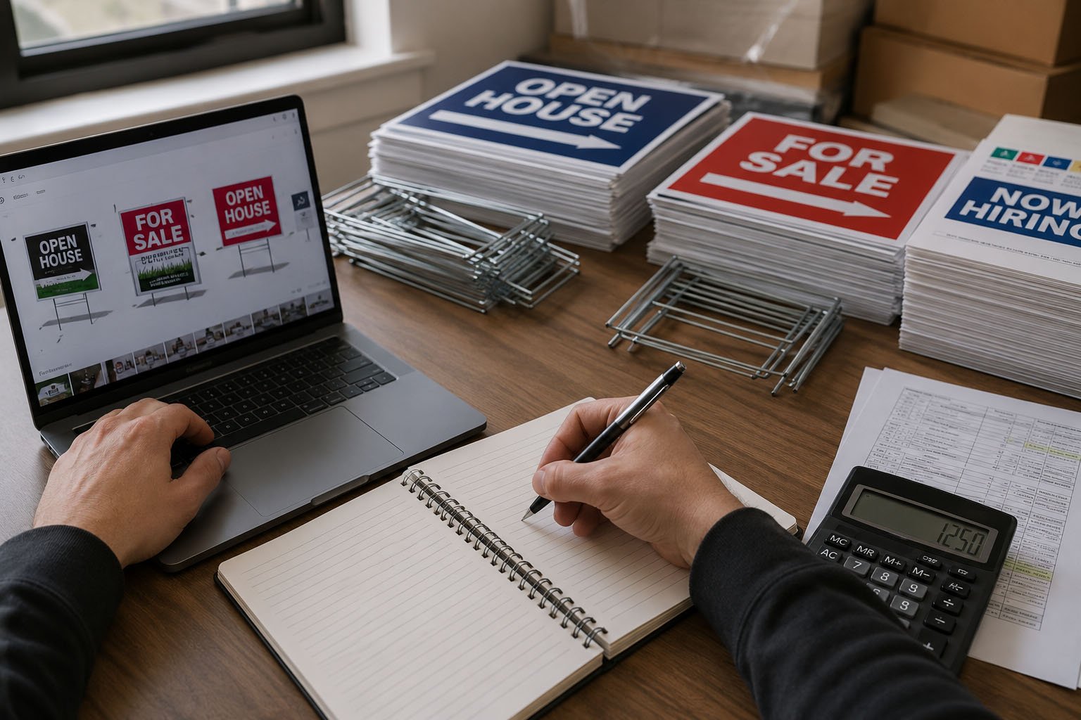 Buyer reviewing a checklist for custom yard sign size, material, artwork, H-stakes, packaging, and shipping