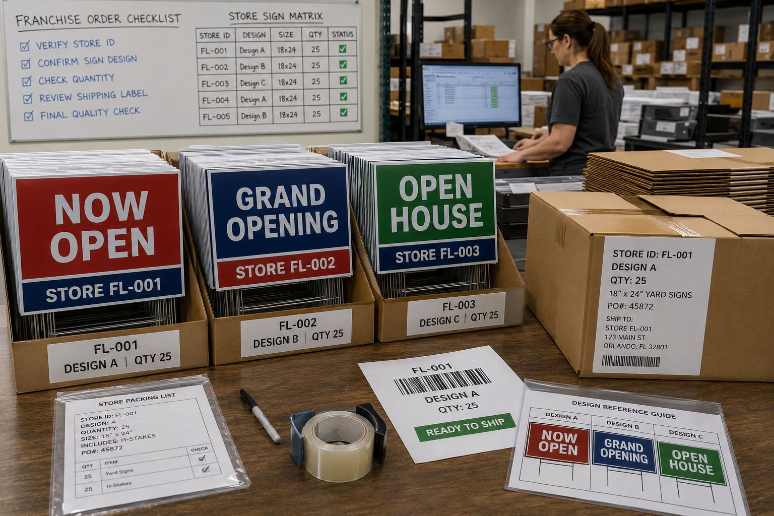 Team reviewing franchise yard sign artwork versions, location quantities, packaging labels, and delivery details