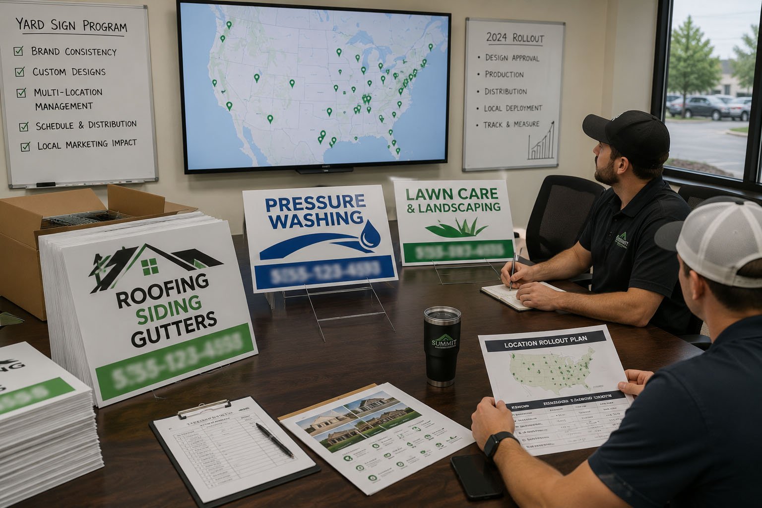 Branded yard signs for a multi-location lawn care and home service company
