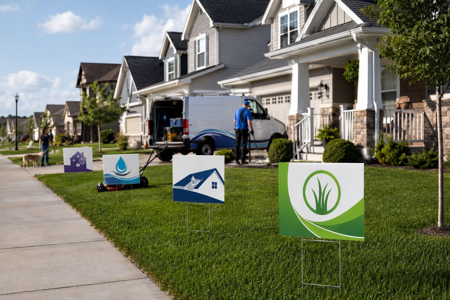 Custom yard signs placed across a neighborhood for a local lawn care service campaign