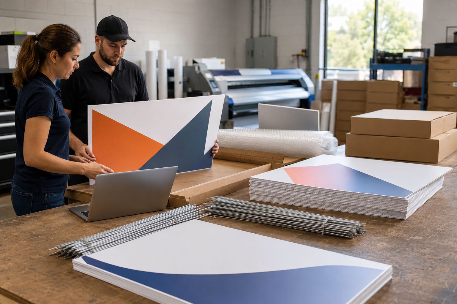 Private-label corrugated plastic yard signs prepared for an online printing company