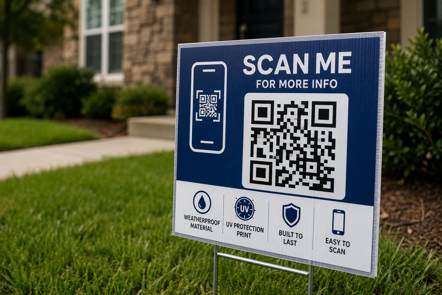 Custom yard sign with a readable QR code, clear phone number, and high-contrast design
