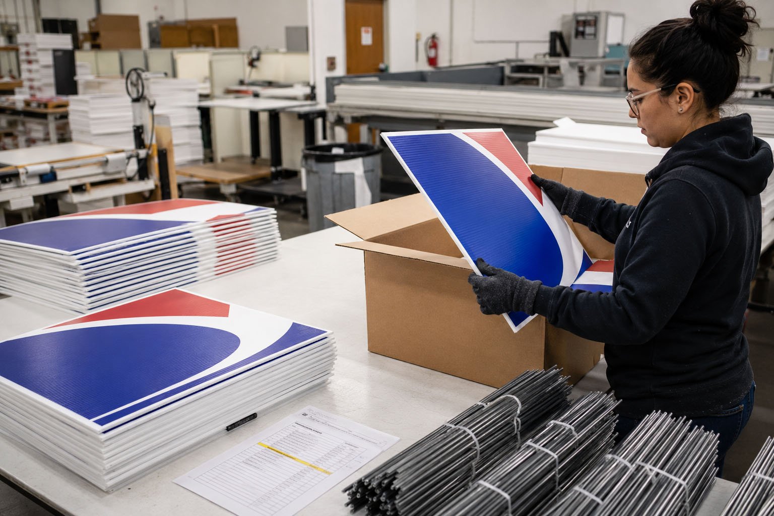 Seller reviewing custom yard sign specifications, artwork proof, H-stakes, and packaging before bulk production