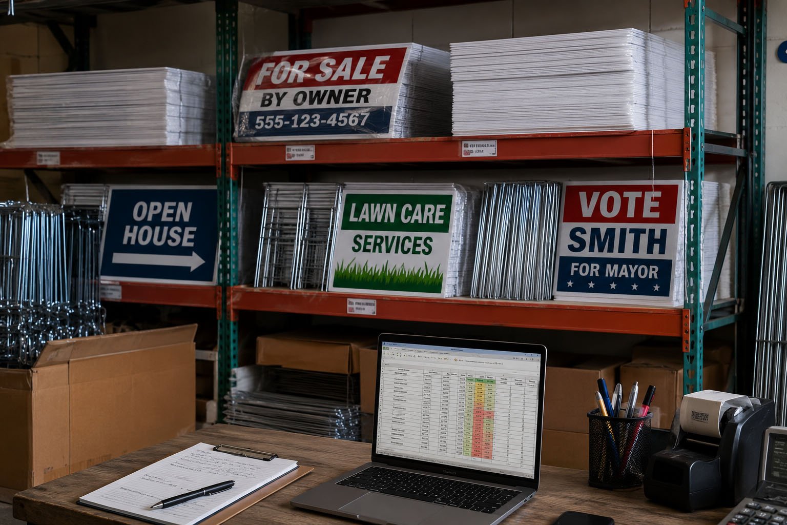 Business owner reviewing yard sign inventory, reorder points, lead time, and H-stake quantities