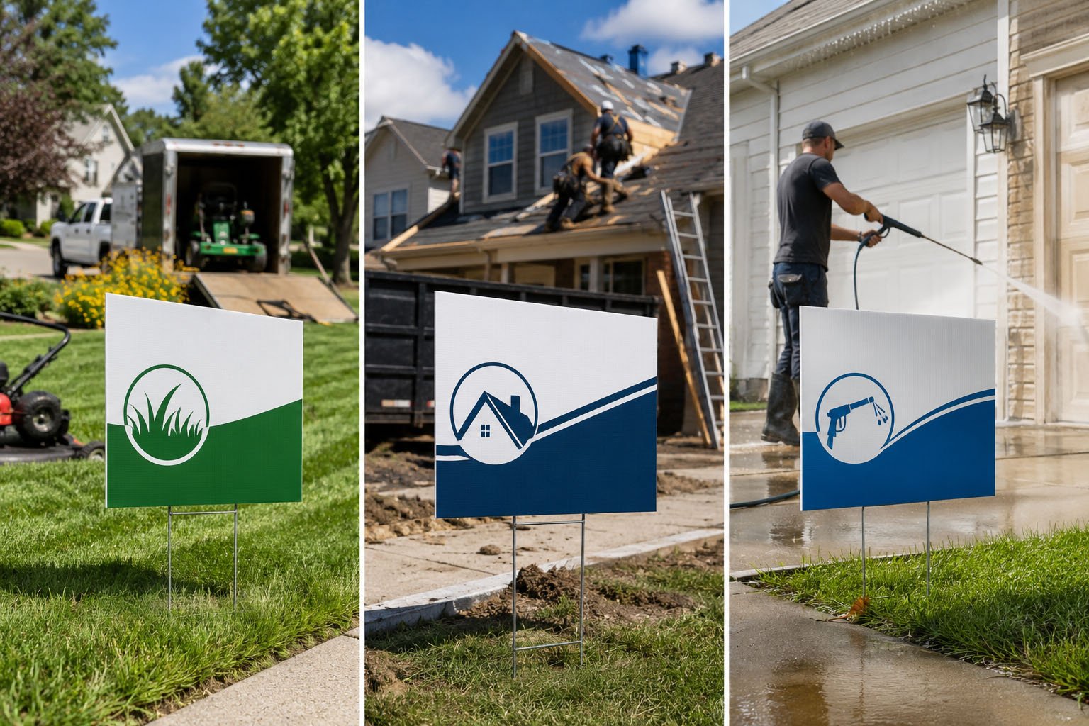 Corrugated plastic yard signs for lawn care, roofing, and pressure washing companies installed outdoors
