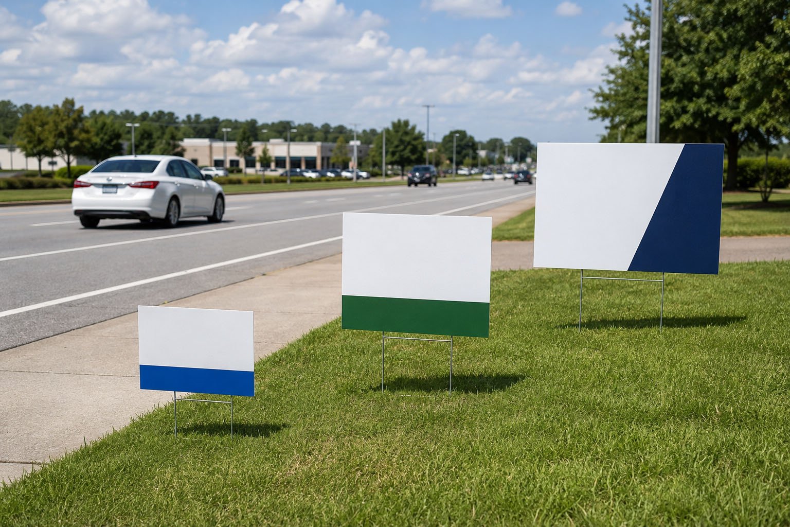18x24 and 24x36 corrugated plastic yard signs with H-stakes for different viewing distances