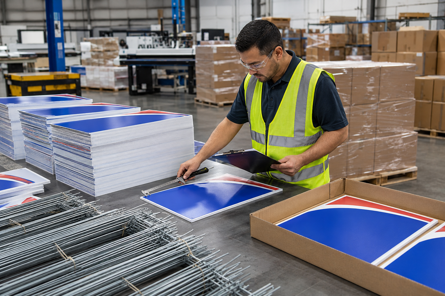 Inspector checking printed corrugated plastic yard signs during a bulk order AQL inspection
