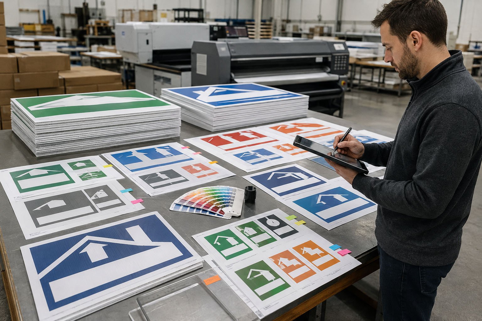 Printed yard sign artwork proofs organized by SKU and revision before bulk production