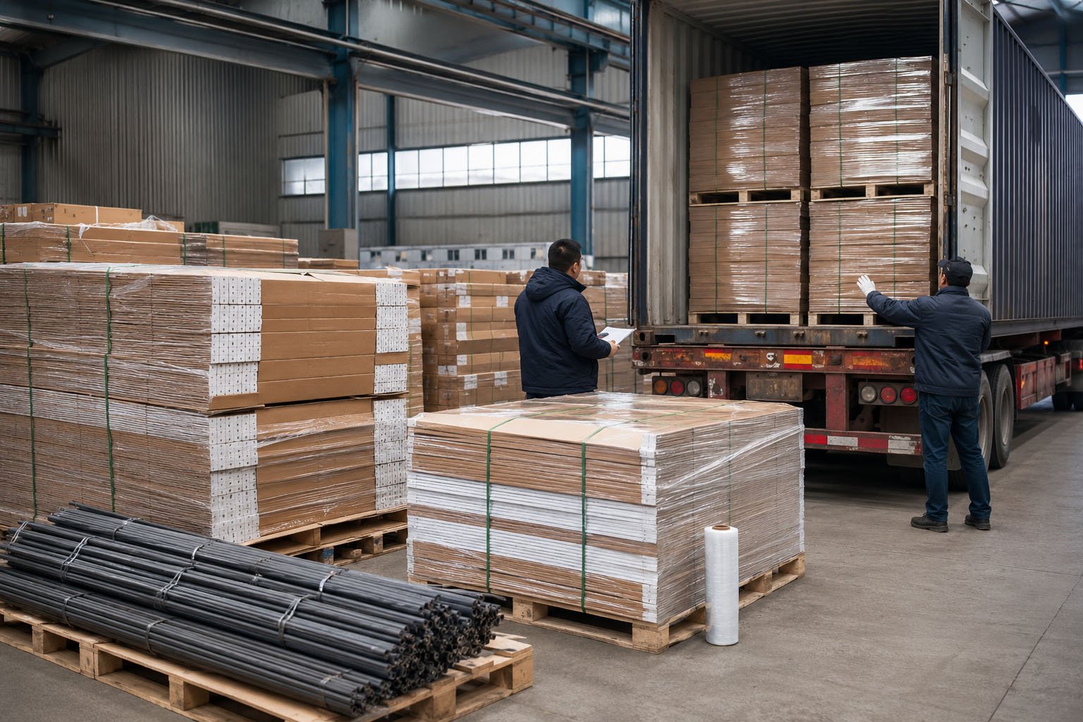 Palletized cartons of bulk yard signs prepared for container loading and overseas delivery
