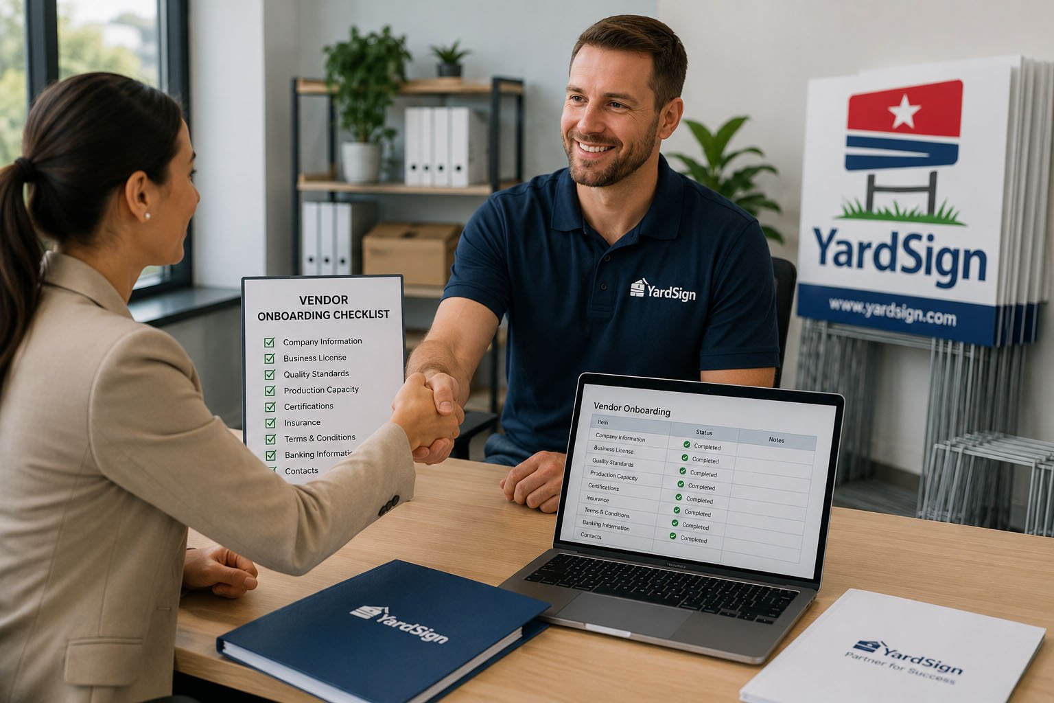 Procurement team reviewing a custom yard sign supplier onboarding checklist and factory documents