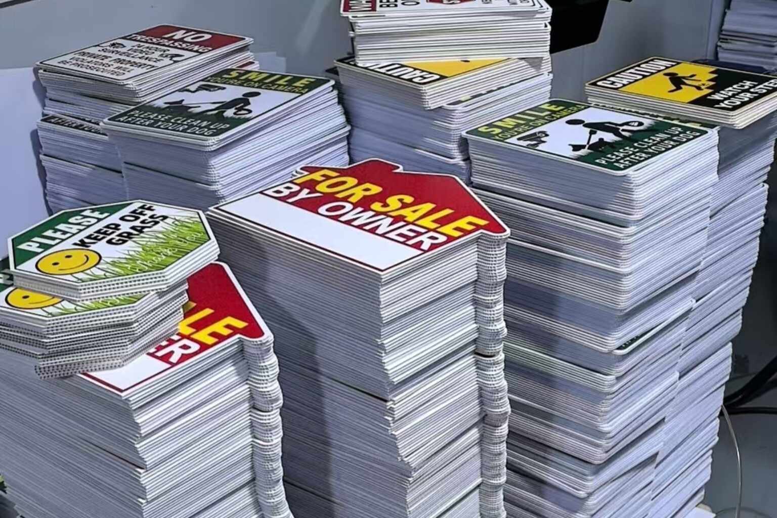 Bulk yard signs prepared for a yard sign product catalog